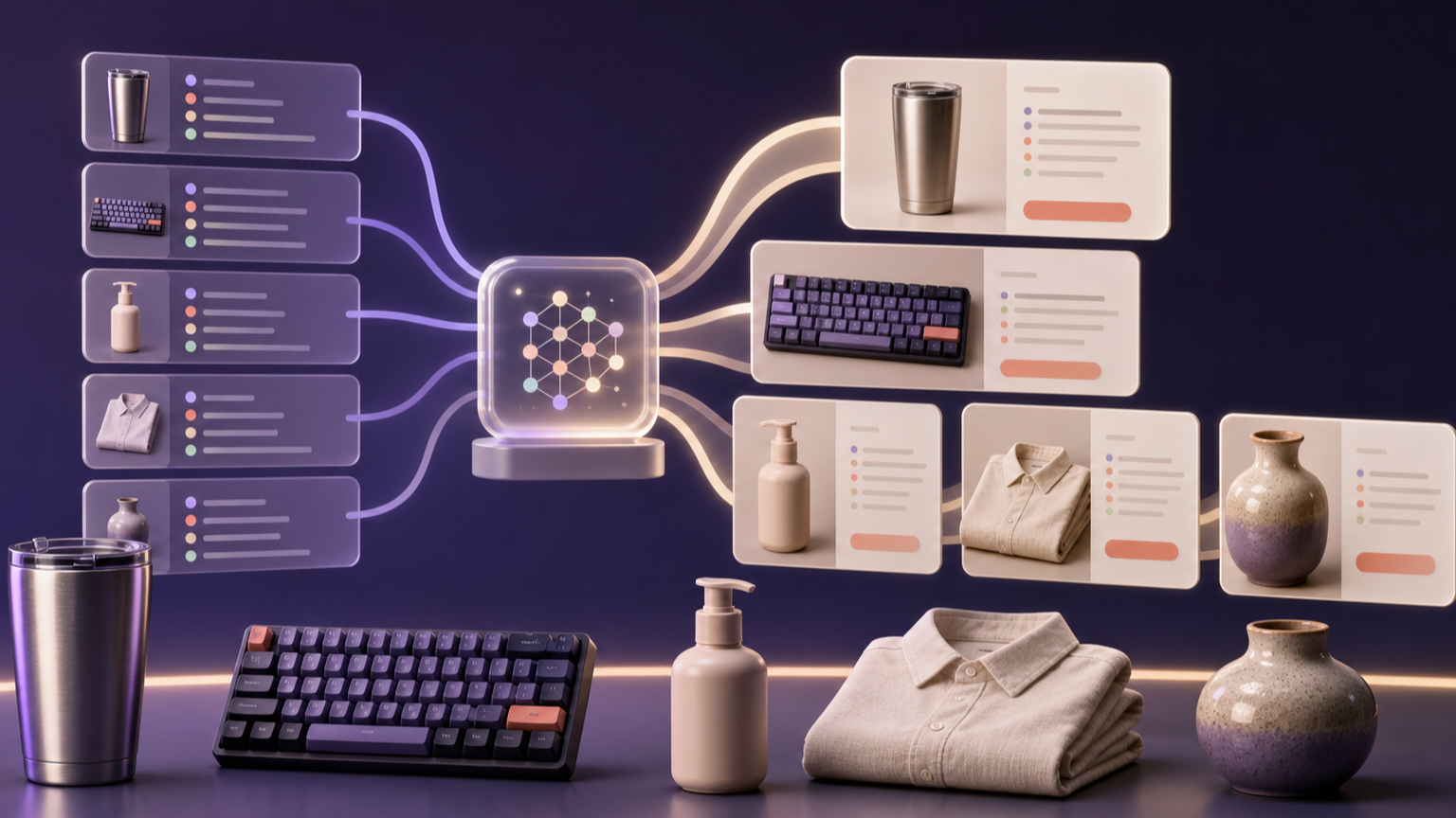 Five products with structured fact cards flowing through an AI system into ecommerce product pages