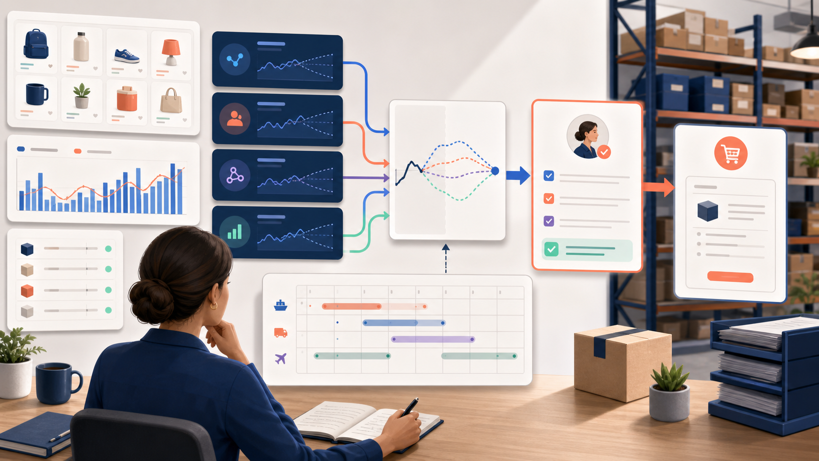 An ecommerce inventory planning workflow connecting demand history, supplier lead times, replenishment recommendations, and approved purchase orders