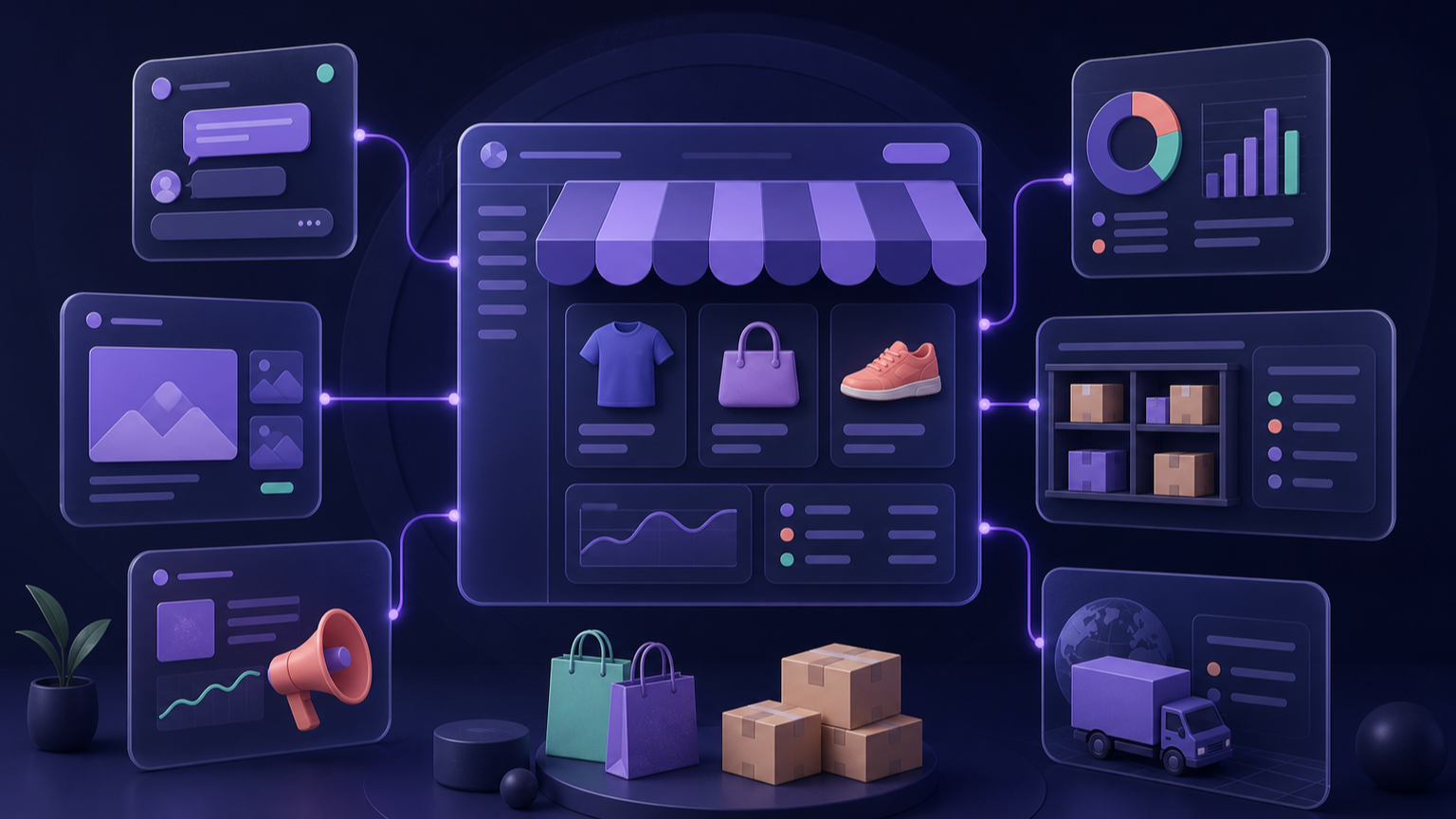 A modular ecommerce storefront connected to AI tools for support, content, marketing, analytics, inventory, and fulfillment