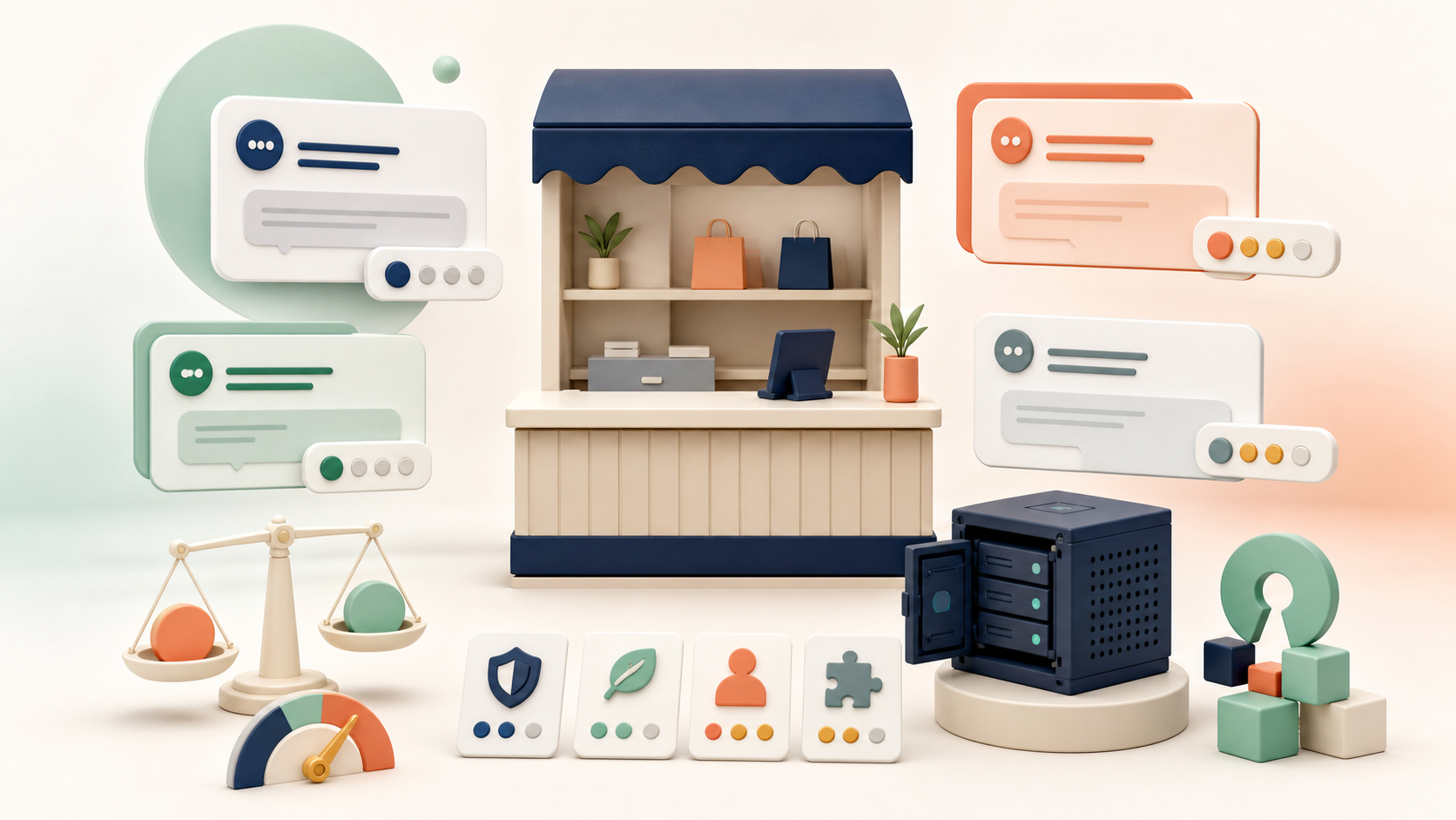 An ecommerce storefront surrounded by different free chatbot models, allowance controls, and a self-hosted server