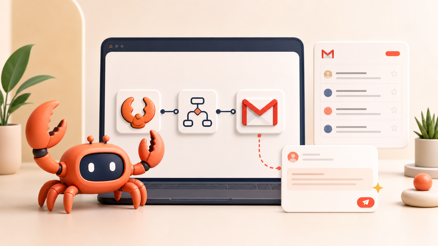An OpenClaw crab assistant handing a customer email to Gmail to generate a reply draft