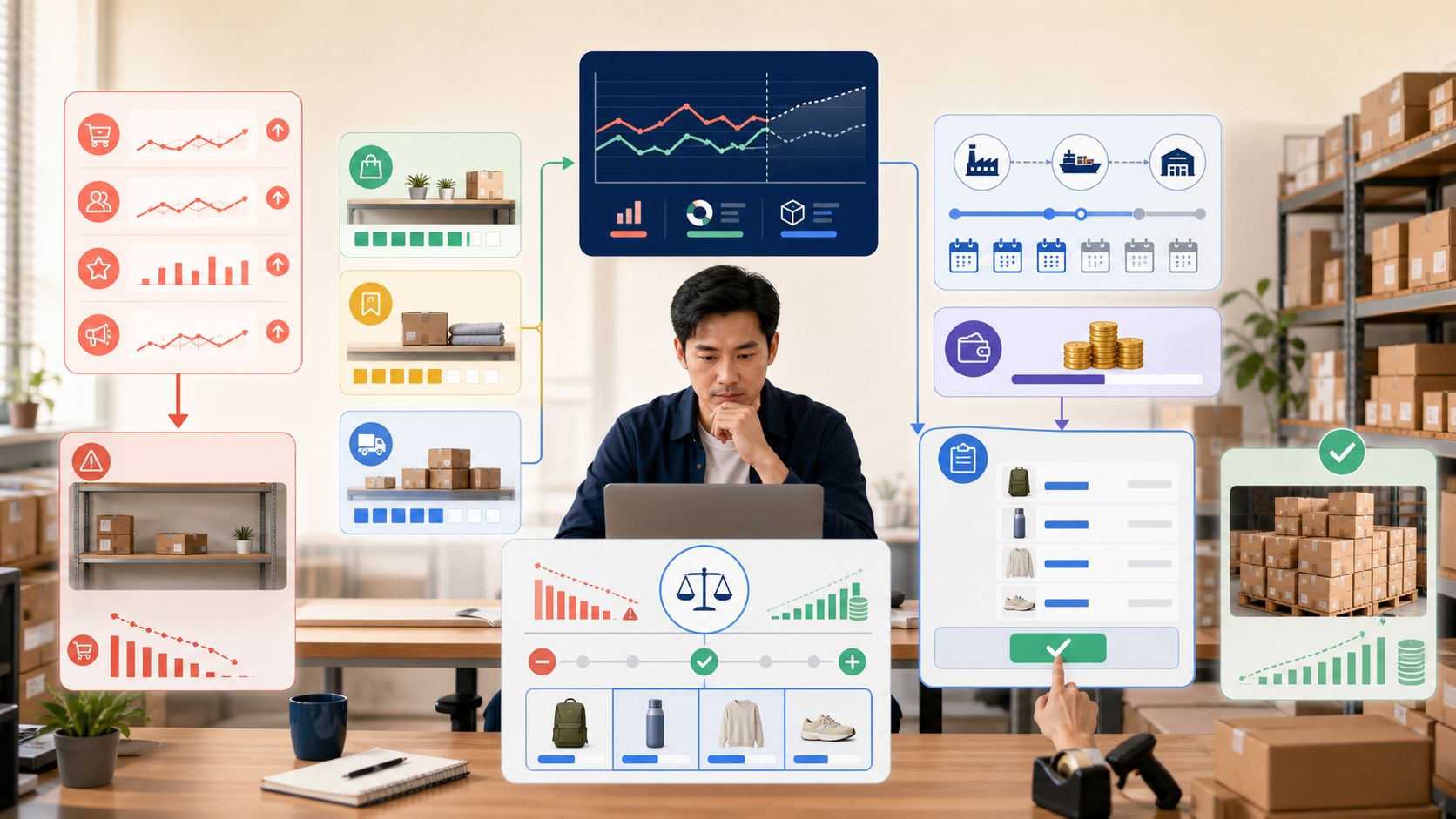 A small ecommerce seller balancing sales, sellable and incoming stock, supplier lead time, and cash before approving a replenishment purchase order