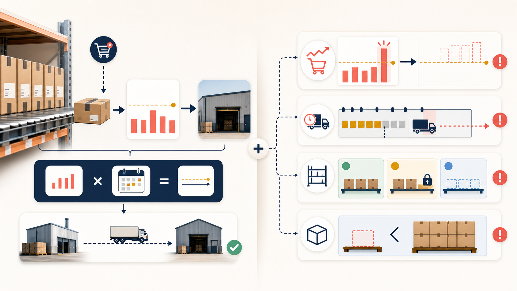 The daily-sales-times-lead-time rule works under stable conditions on the left, while a demand spike, delayed lead time, inventory states, and MOQ add necessary layers on the right