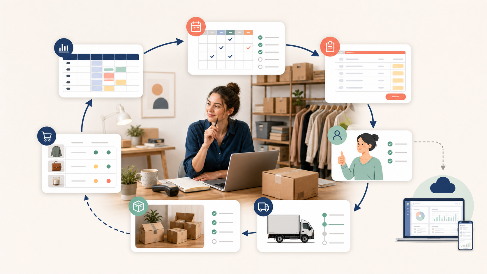 A small ecommerce owner uses a spreadsheet, weekly review, human approval, supplier receipt, and sales feedback as a closed replenishment loop, adding software only when complexity increases