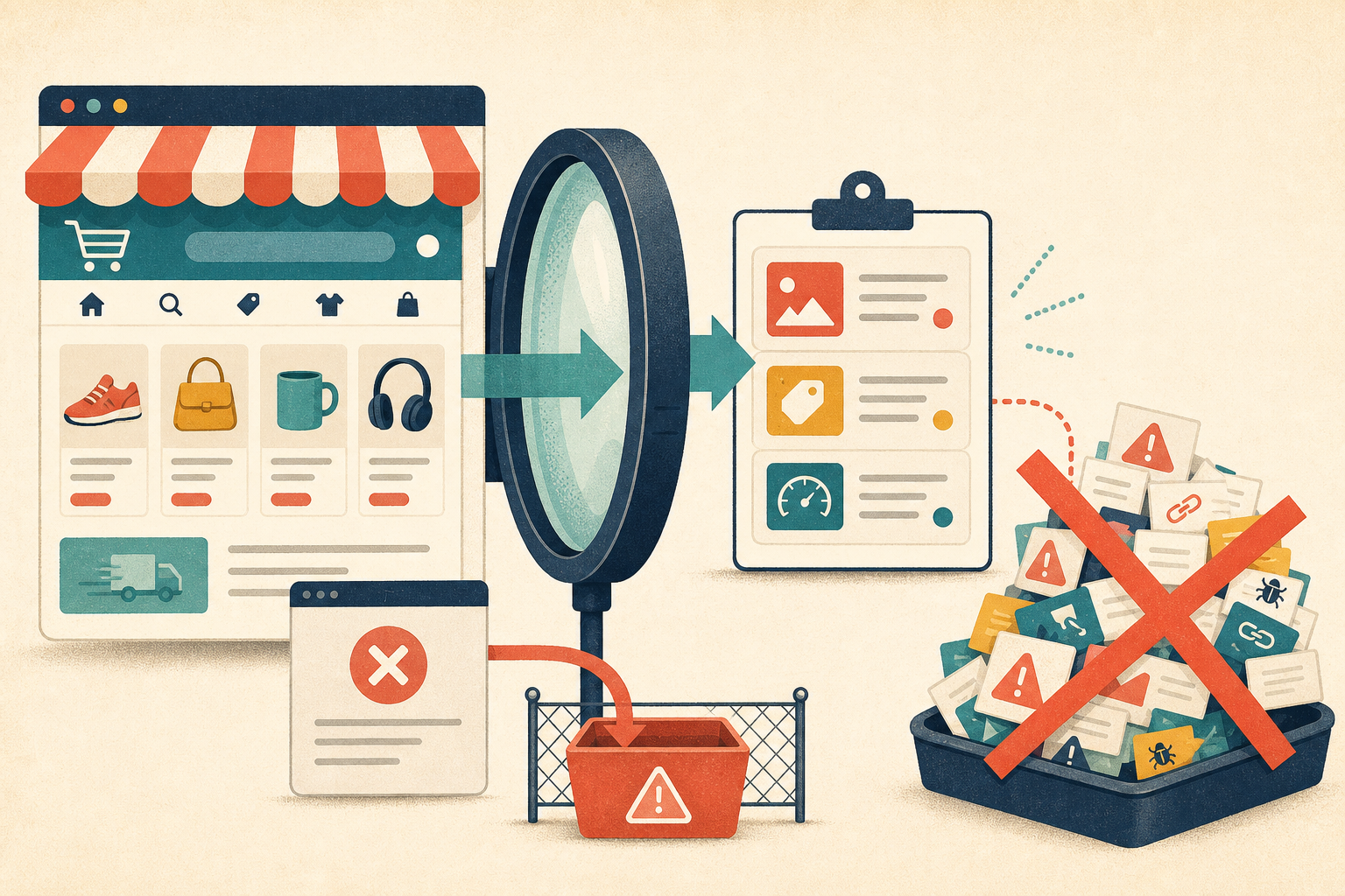 An ecommerce page passing through a retrieval check before evidence-based SEO findings are accepted