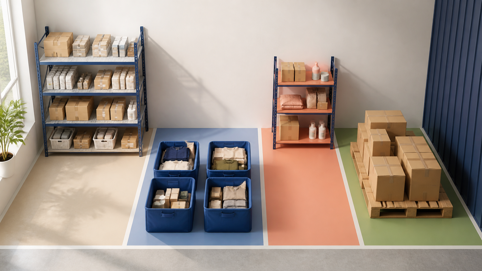 Sellable shelf stock, committed order totes, unavailable held units, and incoming pallet stock are separated into physical zones inside one warehouse